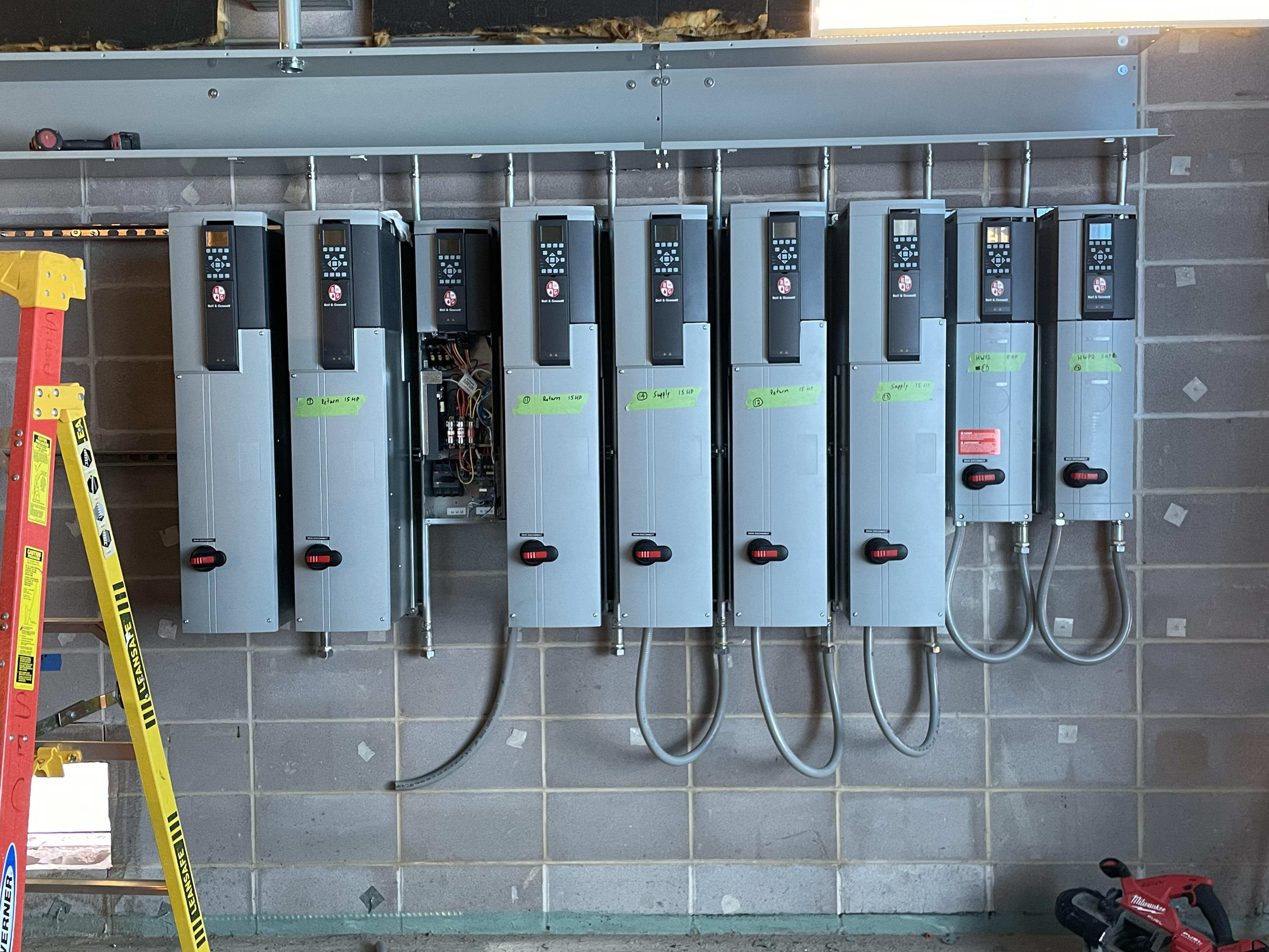 Row of VFD units installed for commercial building in Austin TX